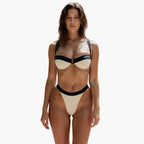 Women's beige and black colour block bikini set, front view