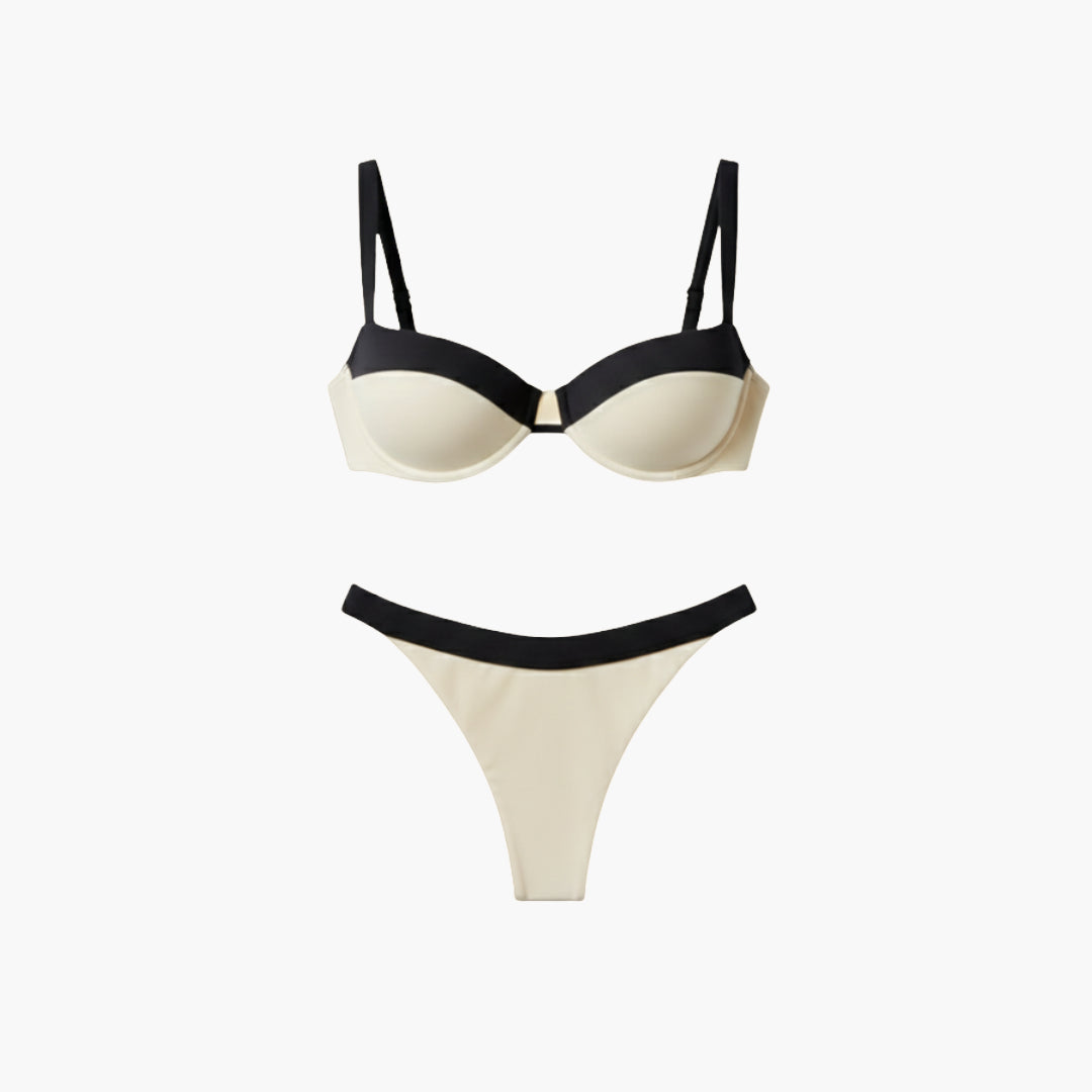 Full-length view of beige black bikini set on model