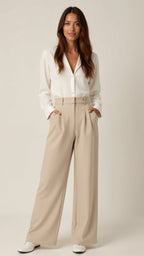 Beige High Waisted Wide Leg Trousers for Women