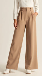 Beige High Waisted Wide Leg Trousers for Women