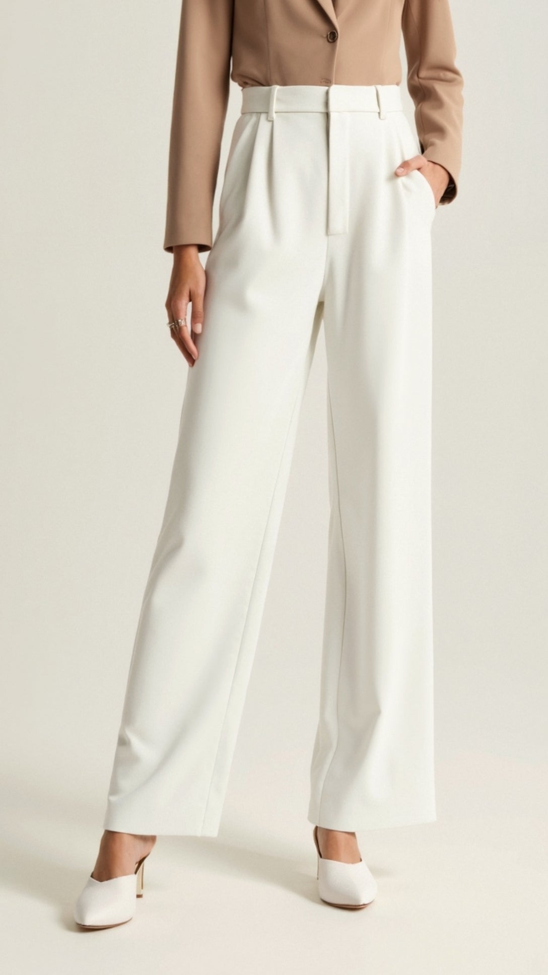 Beige High Waisted Wide Leg Trousers for Women