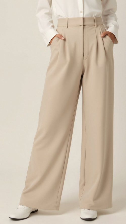Beige High Waisted Wide Leg Trousers for Women