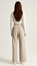 Beige High Waisted Wide Leg Trousers for Women