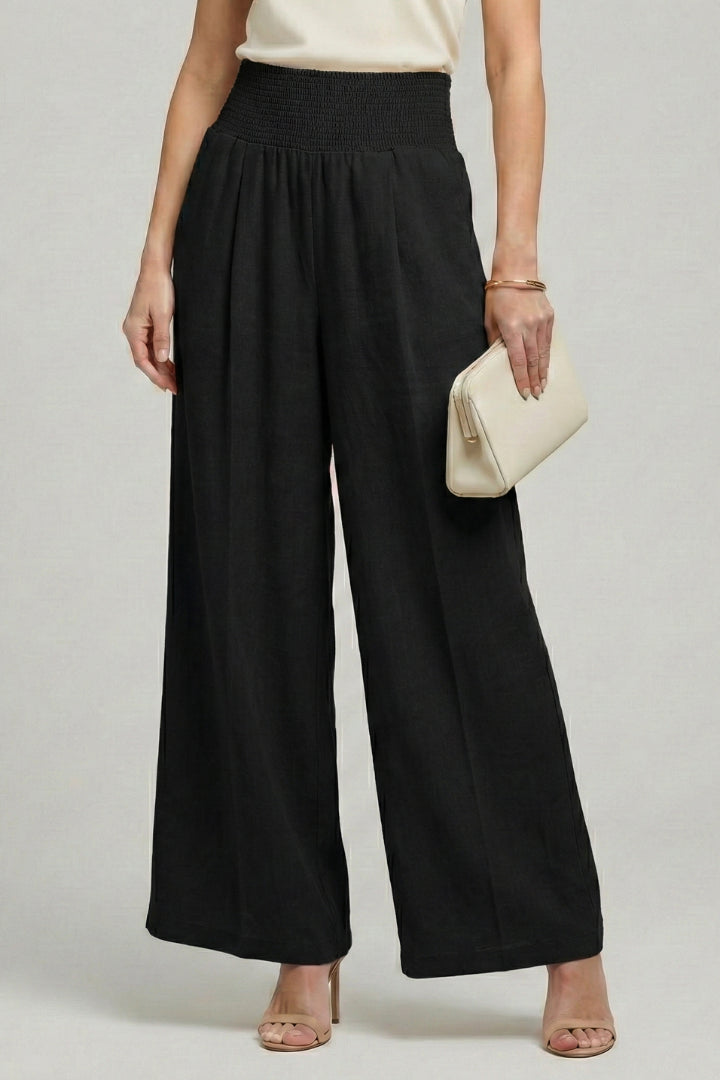 Beige Linen Wide Leg Palazzo Trousers with Elasticated Waist