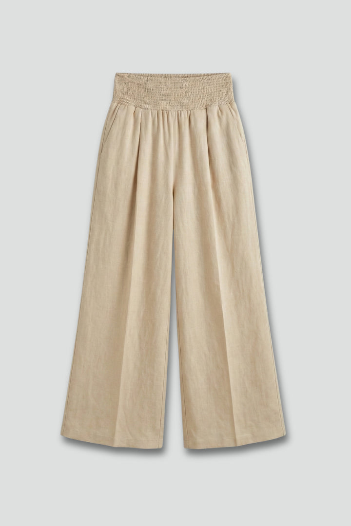 Beige Linen Wide Leg Palazzo Trousers with Elasticated Waist