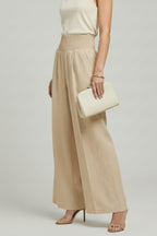 Beige Linen Wide Leg Palazzo Trousers with Elasticated Waist