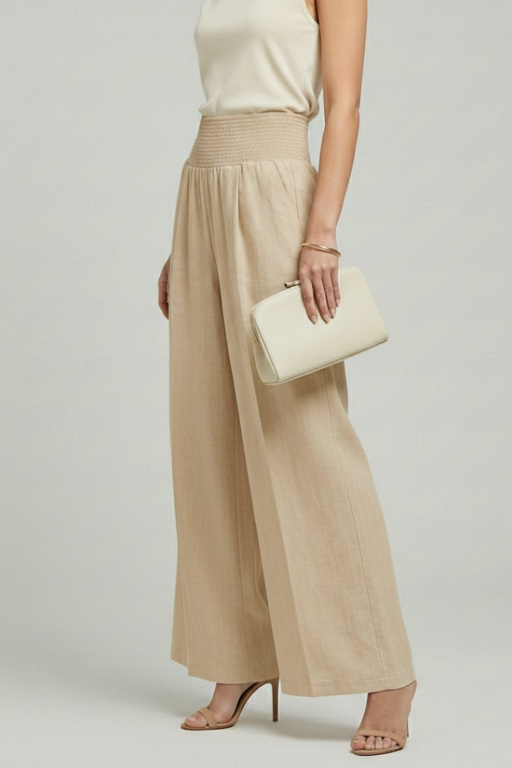 Beige Linen Wide Leg Palazzo Trousers with Elasticated Waist
