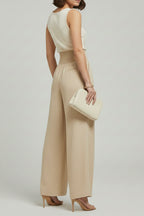 Beige Linen Wide Leg Palazzo Trousers with Elasticated Waist
