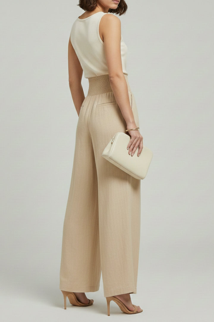 Beige Linen Wide Leg Palazzo Trousers with Elasticated Waist