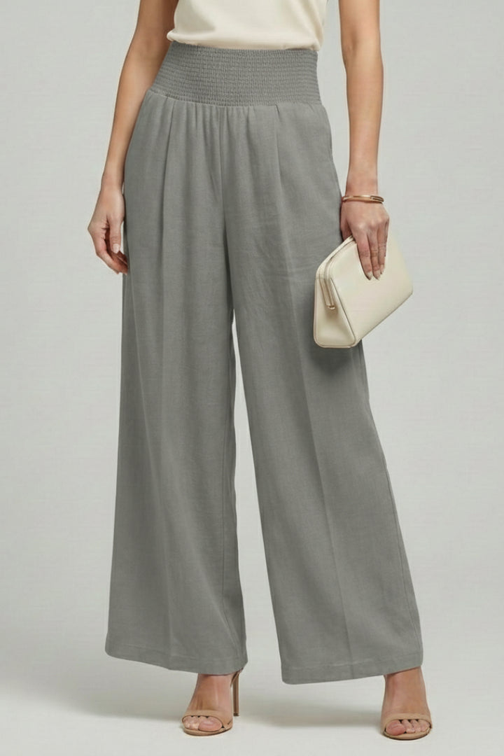 Beige Linen Wide Leg Palazzo Trousers with Elasticated Waist