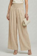 Beige Linen Wide Leg Palazzo Trousers with Elasticated Waist