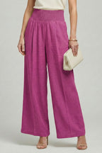 Beige Linen Wide Leg Palazzo Trousers with Elasticated Waist