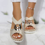 Espadrille sandals worn on feet, side profile stance
