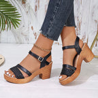 Close-up of woven texture on sandal straps and platform