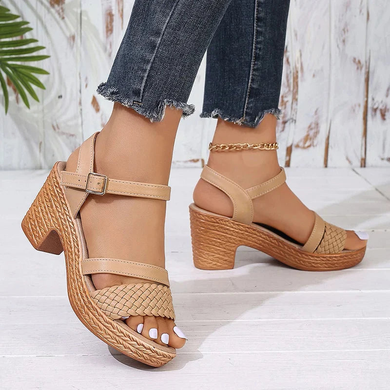 Sandals on feet, walking pose from above