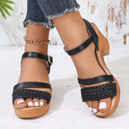 Back view of woven platform sandals with ankle strap