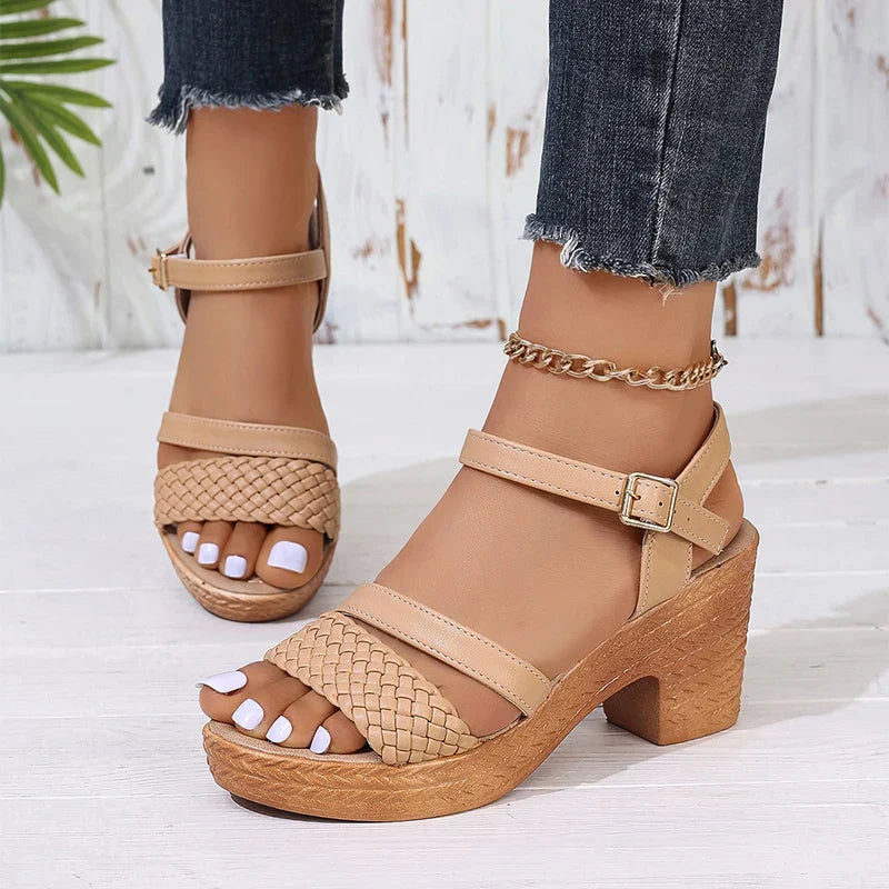 Women's woven ankle strap platform sandals, front view