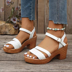 Sandals worn on feet, standing pose showing side profile