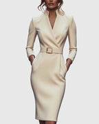 Model walking in midi dress, side angle