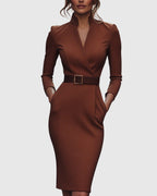 Model posing, showing dress drape