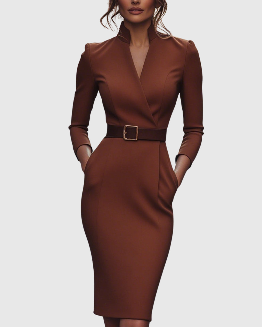 Women's Belted Mock Wrap Midi Dress