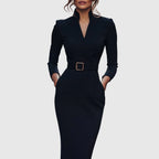 Women's belted mock wrap midi dress, full-length front view