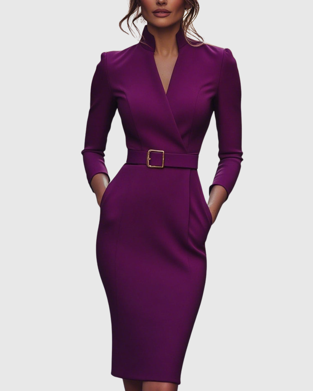 Model in midi dress, angled front pose