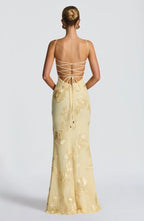 Closeup of floral embroidery on skirt section