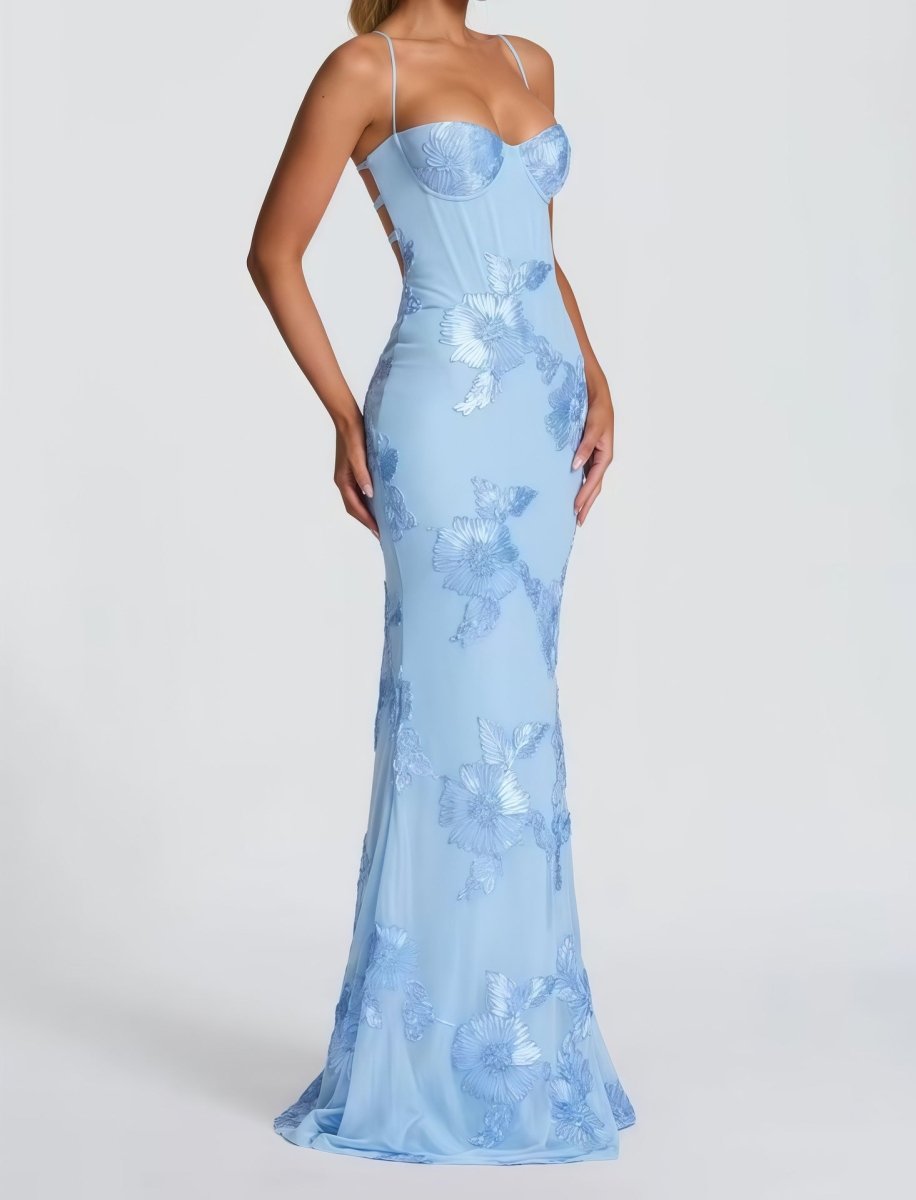 Woman in three-quarter pose wearing the maxi dress