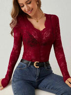 Black Floral Lace Long Sleeve Top with Sweetheart Neckline