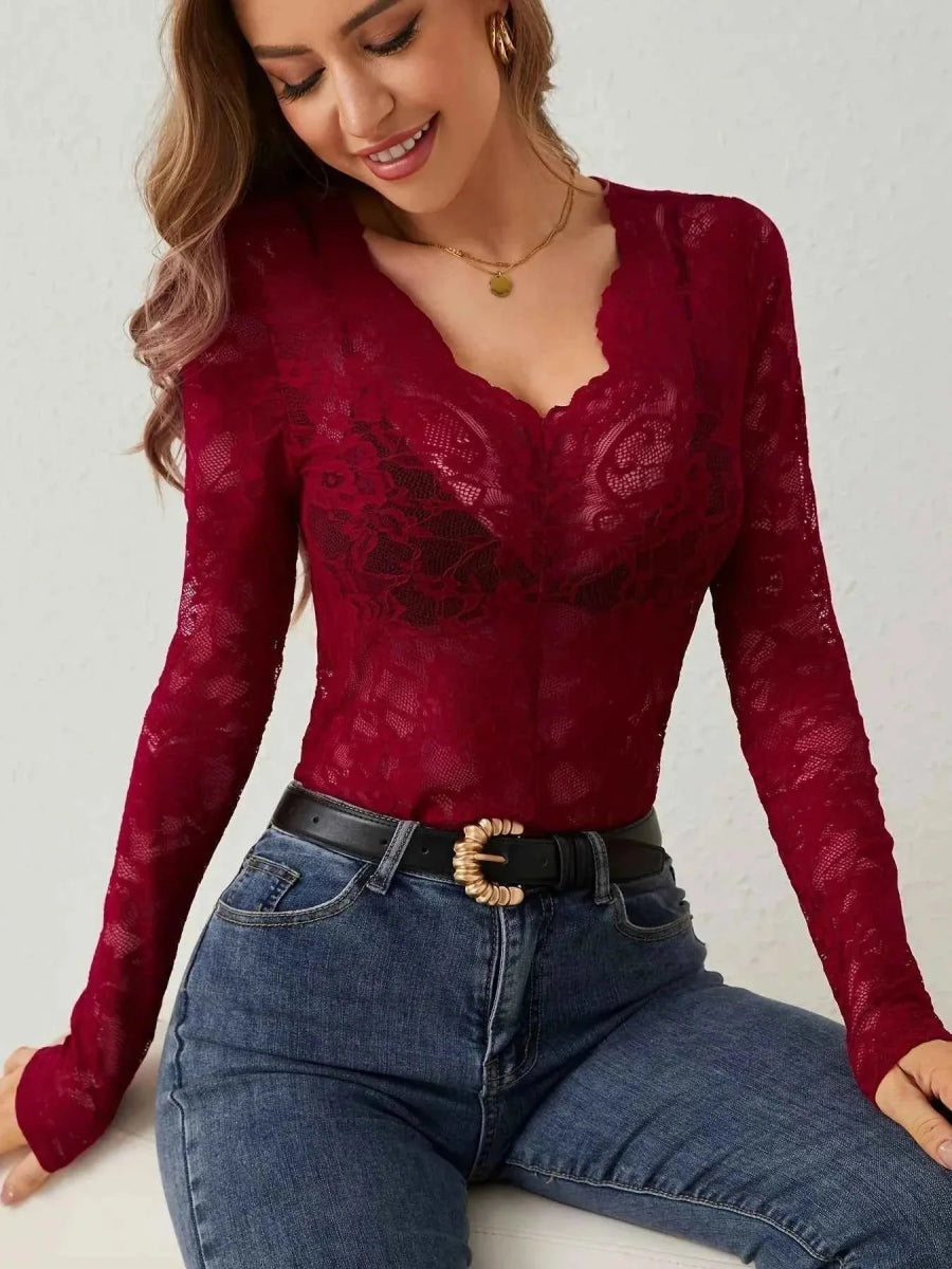 Black Floral Lace Long Sleeve Top with Sweetheart Neckline