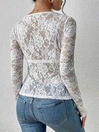Black Floral Lace Long Sleeve Top with Sweetheart Neckline