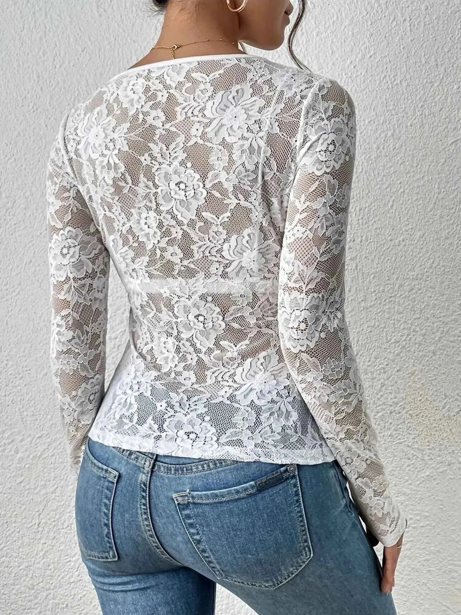 Black Floral Lace Long Sleeve Top with Sweetheart Neckline