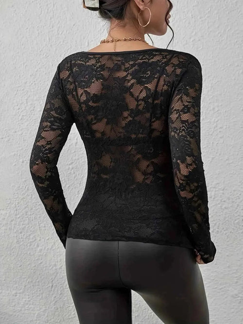 Black Floral Lace Long Sleeve Top with Sweetheart Neckline