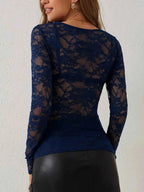 Black Floral Lace Long Sleeve Top with Sweetheart Neckline