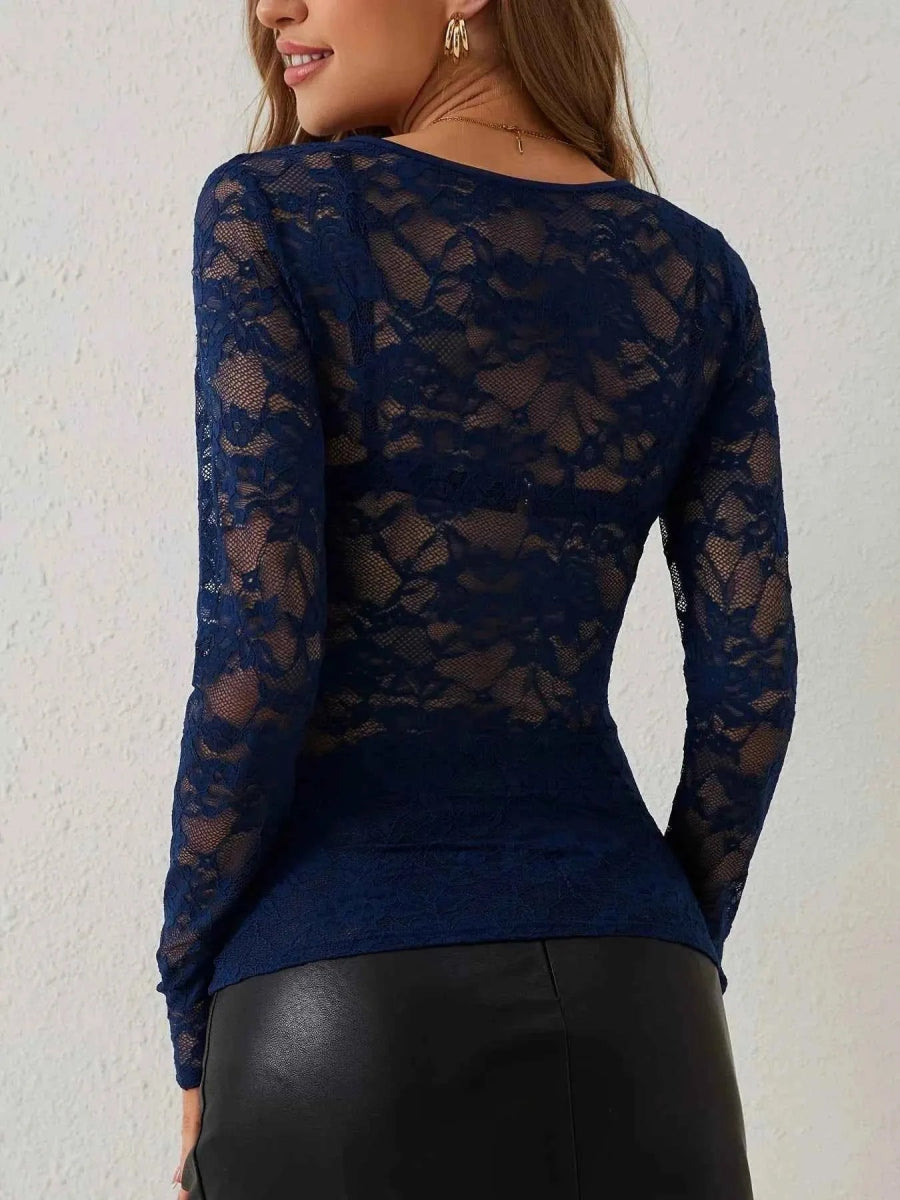 Black Floral Lace Long Sleeve Top with Sweetheart Neckline