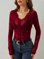 Black Floral Lace Long Sleeve Top with Sweetheart Neckline