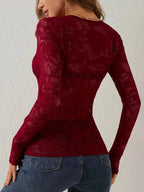 Black Floral Lace Long Sleeve Top with Sweetheart Neckline