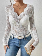 Black Floral Lace Long Sleeve Top with Sweetheart Neckline