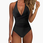 Women's halter neck one piece swimsuit with deep V neckline, front view