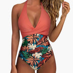 Model wearing swimsuit, angled three-quarter view