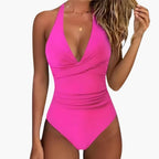 Back view of one piece swimsuit showing tie closure