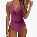 Deep V neckline detail of halter swimsuit