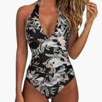 Halter swimsuit worn while standing, showcasing fit