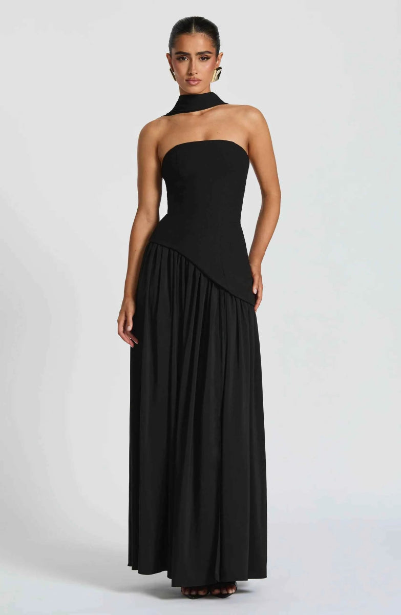 Black High Neck Maxi Dress with Thigh Split and Scarf Detail