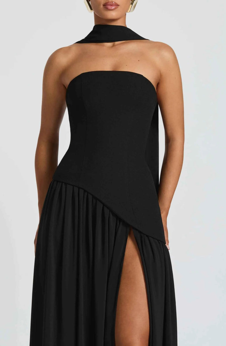 Black High Neck Maxi Dress with Thigh Split and Scarf Detail