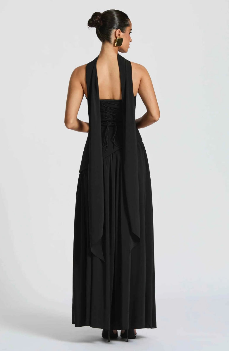 Black High Neck Maxi Dress with Thigh Split and Scarf Detail