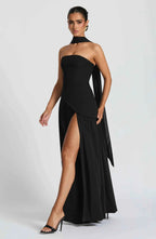 Black High Neck Maxi Dress with Thigh Split and Scarf Detail