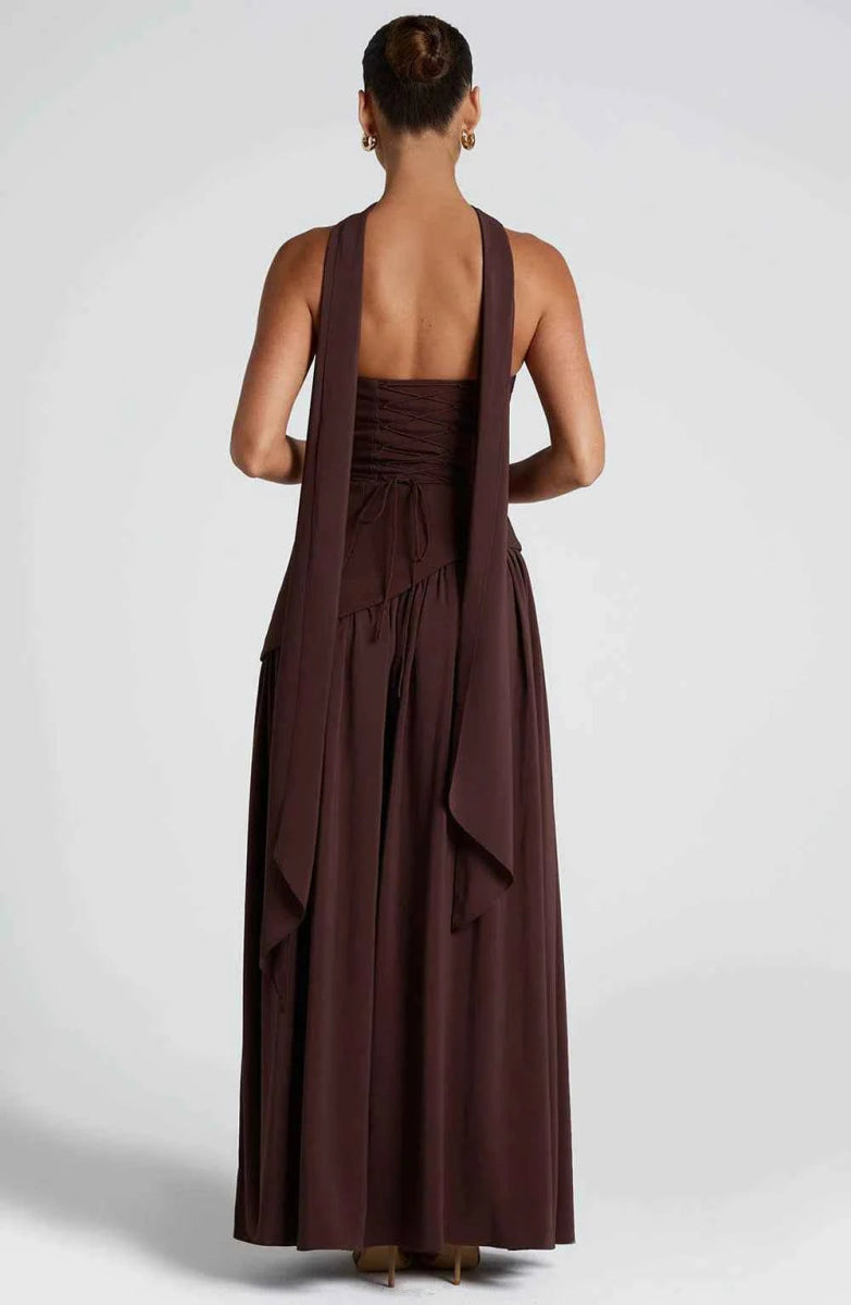 Black High Neck Maxi Dress with Thigh Split and Scarf Detail