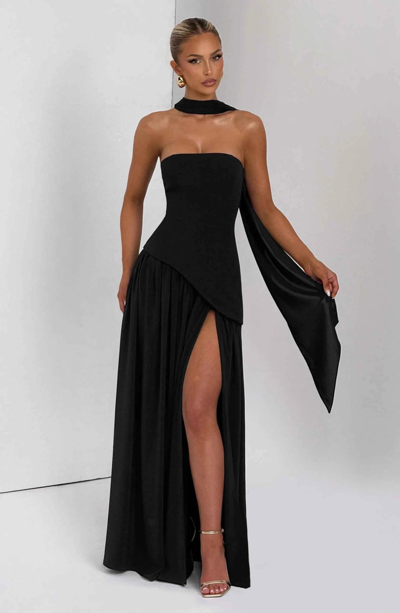 Black High Neck Maxi Dress with Thigh Split and Scarf Detail